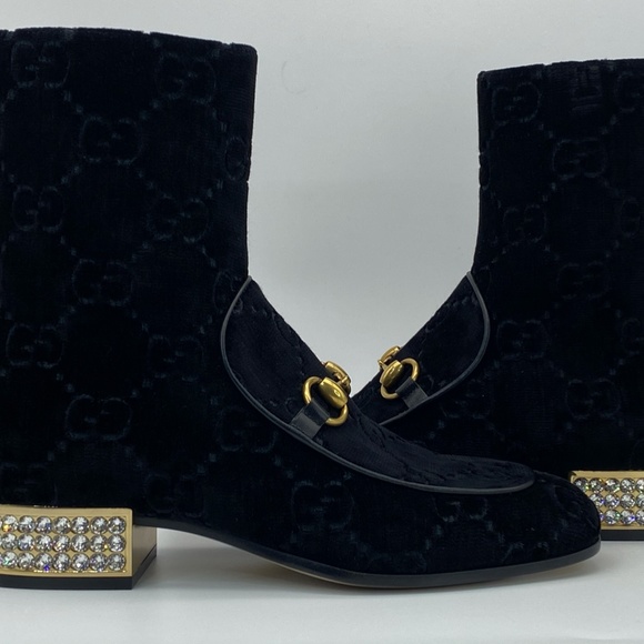 Gucci horsebit GG black velvet crystal heel ankle - Picture 2 of 12